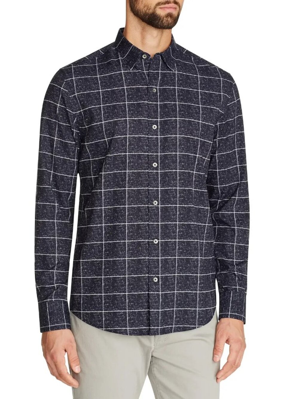 W.R.K Navy Window Pane Print 4-Way Stretch Long Sleeve Button Up Shirt/0185